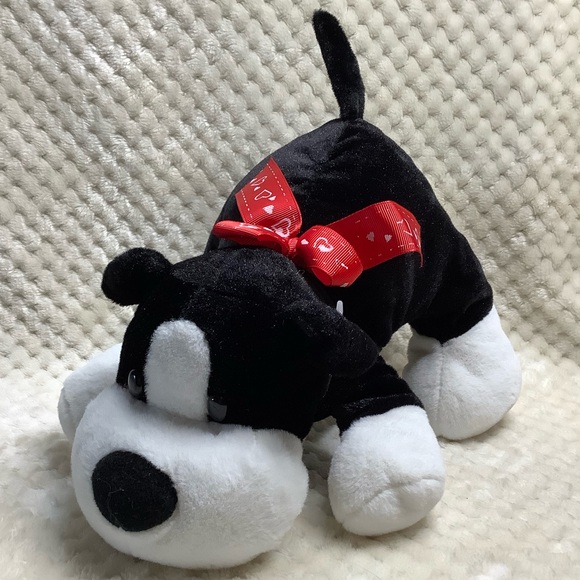 Loblaws Black and White Plush Puppy Dog with Red Heart Ribbon Stuffed Animal Toy - Picture 8 of 14